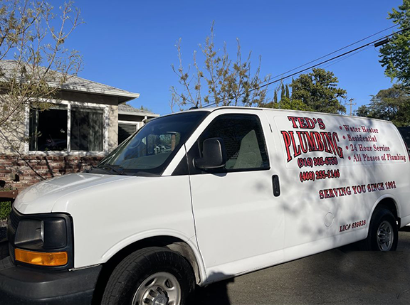 Ted's Plumbing truck parked for a sewer cleaning job in Roseville